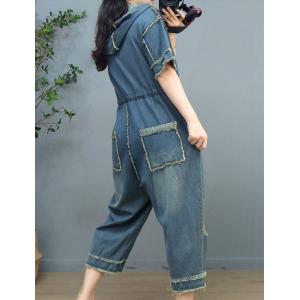 Front Tied Ripped Jumpsuits Fringed Hooded Jumpsuits