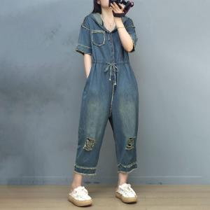 Front Tied Ripped Jumpsuits Fringed Hooded Jumpsuits