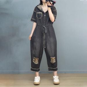 Front Tied Ripped Jumpsuits Fringed Hooded Jumpsuits