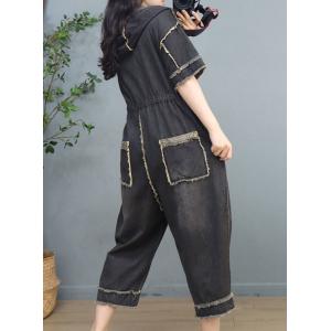 Front Tied Ripped Jumpsuits Fringed Hooded Jumpsuits