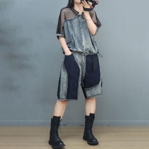 Swag Style Raglan Mesh Sleeve Denim Shirt with Fringed Bermuda Jorts