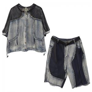 Swag Style Raglan Mesh Sleeve Denim Shirt with Fringed Bermuda Jorts