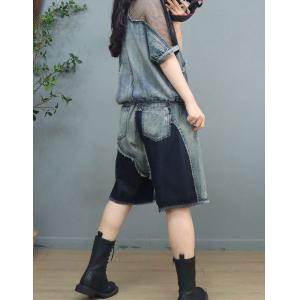 Swag Style Raglan Mesh Sleeve Denim Shirt with Fringed Bermuda Jorts