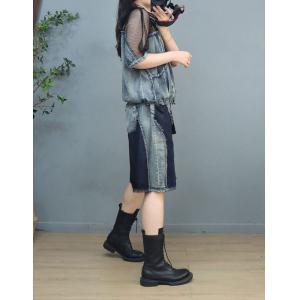 Swag Style Raglan Mesh Sleeve Denim Shirt with Fringed Bermuda Jorts