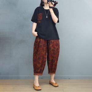 Printed Chest Pocket Cotton Tee with Cotton Linen Folk Pants