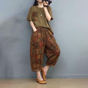 Printed Chest Pocket Cotton Tee with Cotton Linen Folk Pants