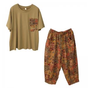 Printed Chest Pocket Cotton Tee with Cotton Linen Folk Pants