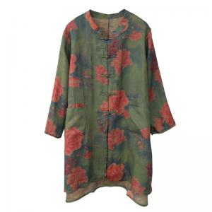 Frog Buttons Red Flowers Shacket Green Ramie Tunic