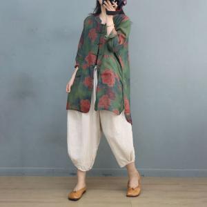 Frog Buttons Red Flowers Shacket Green Ramie Tunic