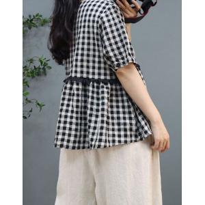 Classic Black Plaid Blouse Lace Trim Cotton Linen Doll Blouse