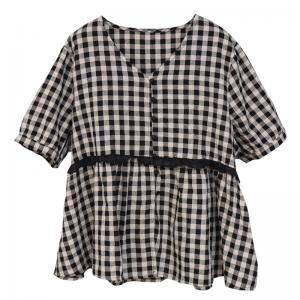 Classic Black Plaid Blouse Lace Trim Cotton Linen Doll Blouse