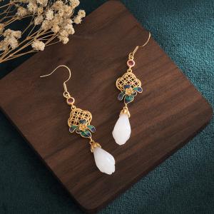 Flowers Enamel Chinese Pendant Earrings White Synthetic Jade Earrings