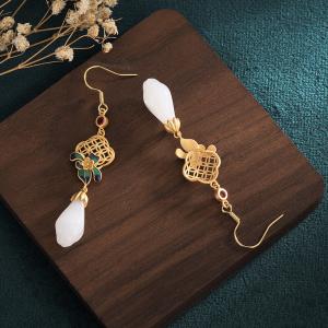 Flowers Enamel Chinese Pendant Earrings White Synthetic Jade Earrings