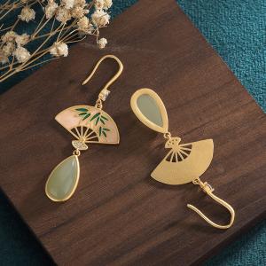 Elegant Chinese Fan Earrings Colored Enamel Jade Earrings