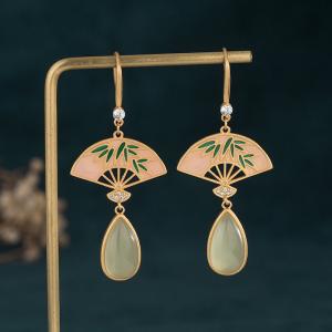 Elegant Chinese Fan Earrings Colored Enamel Jade Earrings