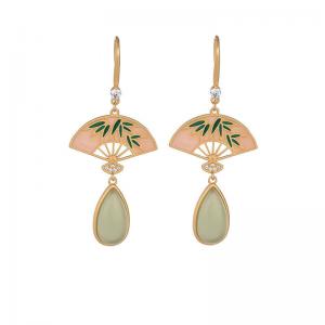 Elegant Chinese Fan Earrings Colored Enamel Jade Earrings