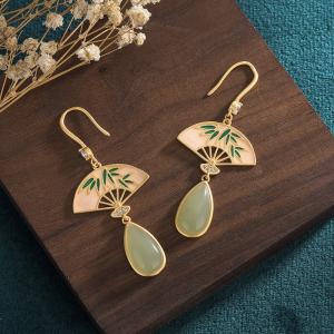 Elegant Chinese Fan Earrings Colored Enamel Jade Earrings