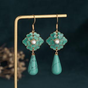 Camellia Flowers Turquoise Earrings Eastern Qipao Jewelry