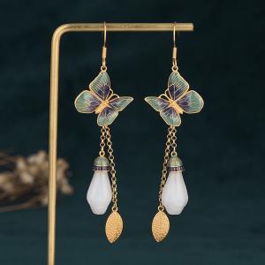 White Jade Butterfly Earrings Golden Leaf Eastern Earrings