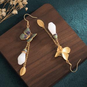 White Jade Butterfly Earrings Golden Leaf Eastern Earrings