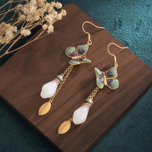 White Jade Butterfly Earrings Golden Leaf Eastern Earrings