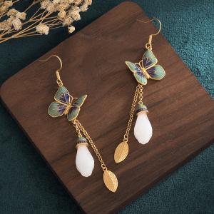 White Jade Butterfly Earrings Golden Leaf Eastern Earrings