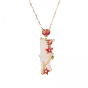 Red Enamel Flowers Necklace White Jade Bamboo Necklace