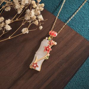 Red Enamel Flowers Necklace White Jade Bamboo Necklace