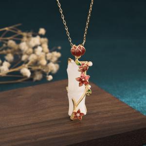 Red Enamel Flowers Necklace White Jade Bamboo Necklace