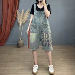 Letter Prints 90s Overalls Shorts Light Wash Overalls