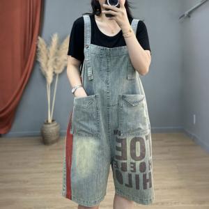 Letter Prints 90s Overalls Shorts Light Wash Overalls