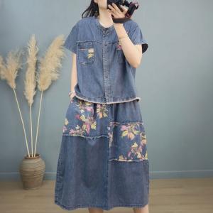 Fringed Denim Shirt with Printed A-Line Skirt Sets