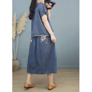 Fringed Denim Shirt with Printed A-Line Skirt Sets