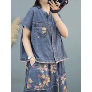 Fringed Denim Shirt with Printed A-Line Skirt Sets