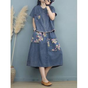 Fringed Denim Shirt with Printed A-Line Skirt Sets
