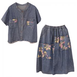 Fringed Denim Shirt with Printed A-Line Skirt Sets