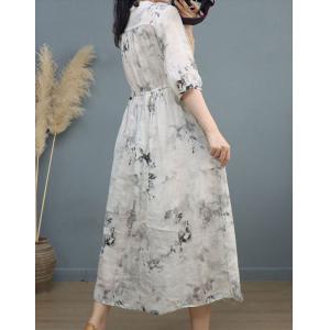 Chinese Ink Painting Tied Dress Loose Ramie White Dress