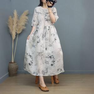 Chinese Ink Painting Tied Dress Loose Ramie White Dress