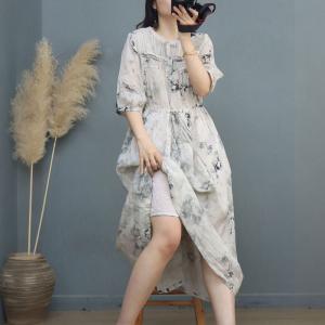 Chinese Ink Painting Tied Dress Loose Ramie White Dress