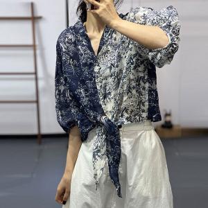 Blue and White Floral Shirt Front Knot Designer Blouse