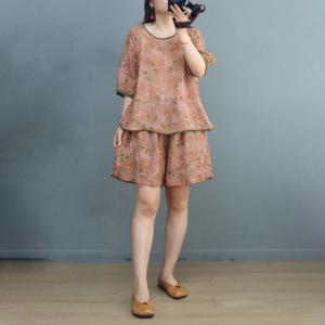 Cozy Frog Button Floral Blouse with Ramie Shorts