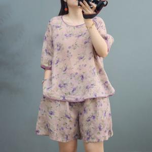 Cozy Frog Button Floral Blouse with Ramie Shorts