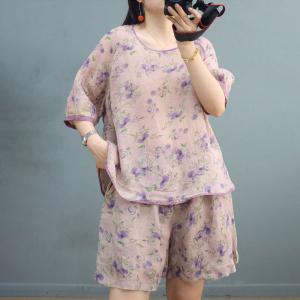 Cozy Frog Button Floral Blouse with Ramie Shorts