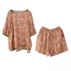 Cozy Frog Button Floral Blouse with Ramie Shorts