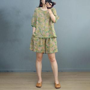 Cozy Frog Button Floral Blouse with Ramie Shorts