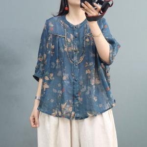 Loose-Fit Ramie Floral Shirt Over40 Breathable Tropical Blouse