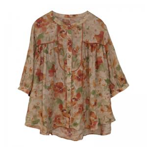 Loose-Fit Ramie Floral Shirt Over40 Breathable Tropical Blouse