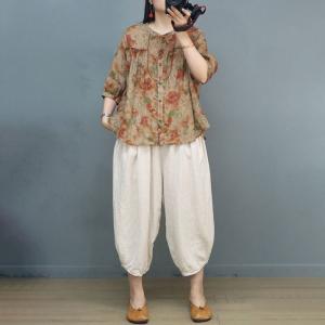 Loose-Fit Ramie Floral Shirt Over40 Breathable Tropical Blouse