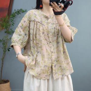 Loose-Fit Ramie Floral Shirt Over40 Breathable Tropical Blouse