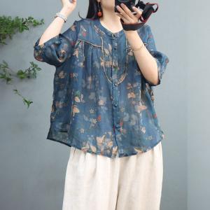 Loose-Fit Ramie Floral Shirt Over40 Breathable Tropical Blouse